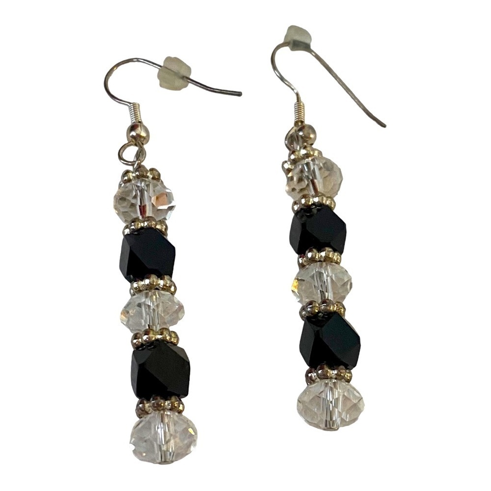 Vintage Black Crystal Clear Beads Hanging Earrings With Fish Wire Hooks